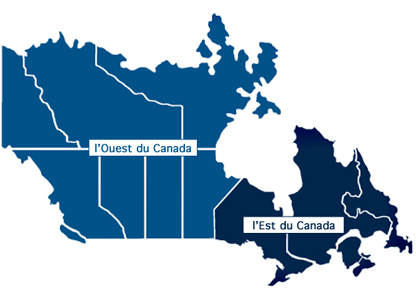 Carte muette du Canada avec les provinces de l'Ouest en bleu clair et les provinces de l'Est en bleu foncé