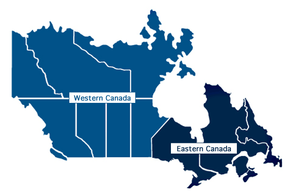  Outline map of Canada with light blue western provinces and dark blue eastern provinces
